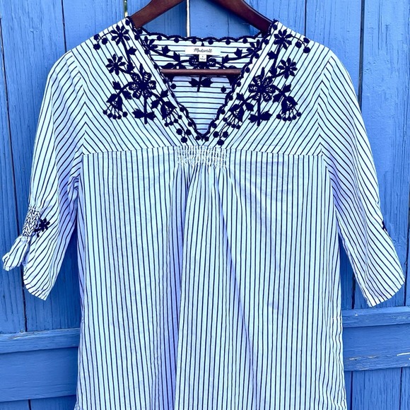 Madewell Embroidered Breeze Dress‎ Navy Small Stripe Pullover Cotton $128 EUC - Picture 3 of 10